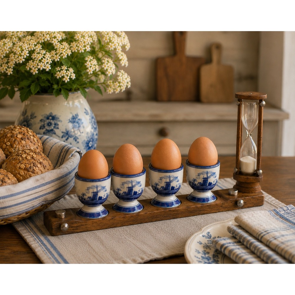 Vtg Delft Blue Holland Egg Cup Set w/ Wooden Sand Timer Hand Painted Windmill